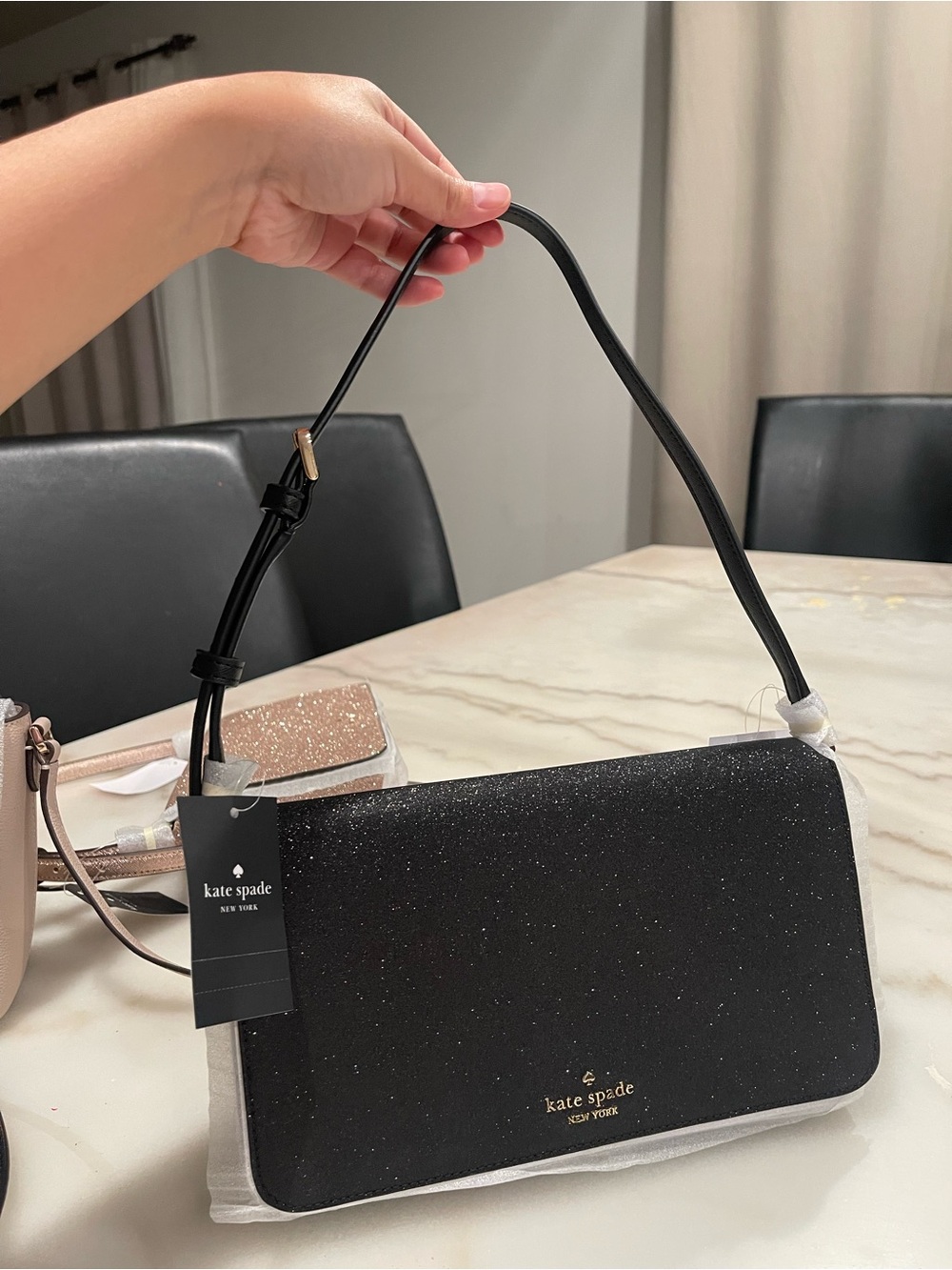 kate spade Black Glitter Shoulder Bag with Gold Logo